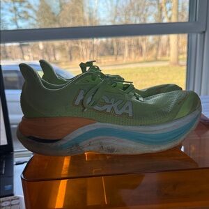 Hoka SkywardX Lime Green Running Shoe with Teal and Orange Accents